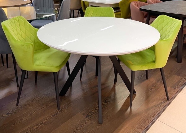 Стол Бахус Стекло 1000 Ваша Мебель (стекло белое,мдф белый,каркас основание МУАР черный (d=1000(1420)))