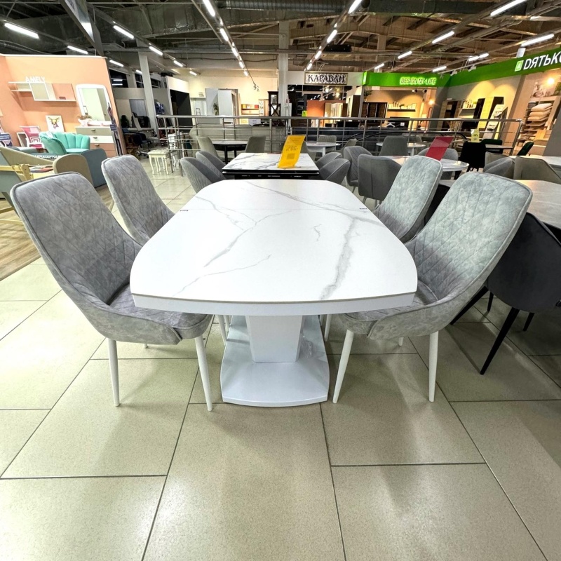 Стол Дионис Керамика 1600 Ваша Мебель (Керамика ДГ-1 Мрамор белый, мдф белый, колонна декор №3 V-образное белый (1600/2000*900*750))