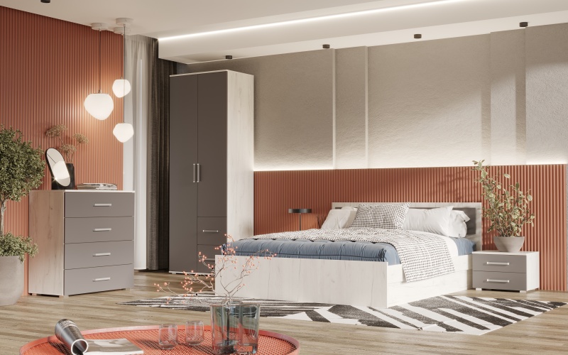 Спальный гарнитур Фиеста NEW Кровать с ПМ 1,4м МИФ (Графит/Дуб Крафт Белый)