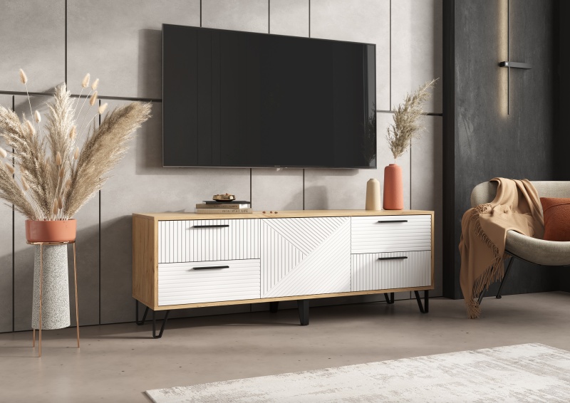 Гостиная Флэш Тумба ТВ (1500) МИФ (Браш Вайт, Дуб Крафт золото)