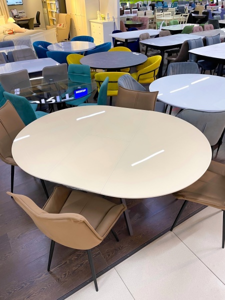 Стол Бахус Стекло 1100 Ваша Мебель (стекло бежевое/мдф беж/каркас основание МУАР беж (d=1100(1420)) СНЯТ)