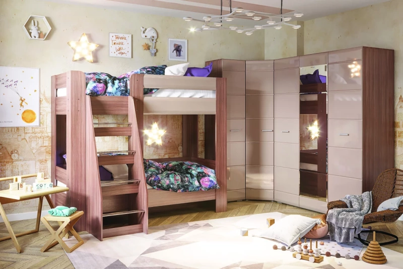 Спальня Симба Кровать 2-х ярусная СТЕНД (фасад МДФ КОФЕ С МОЛОКОМ/корпус ШИМО ТЕМНЫЙ (1,976х1,7х1,36) СНЯТ)