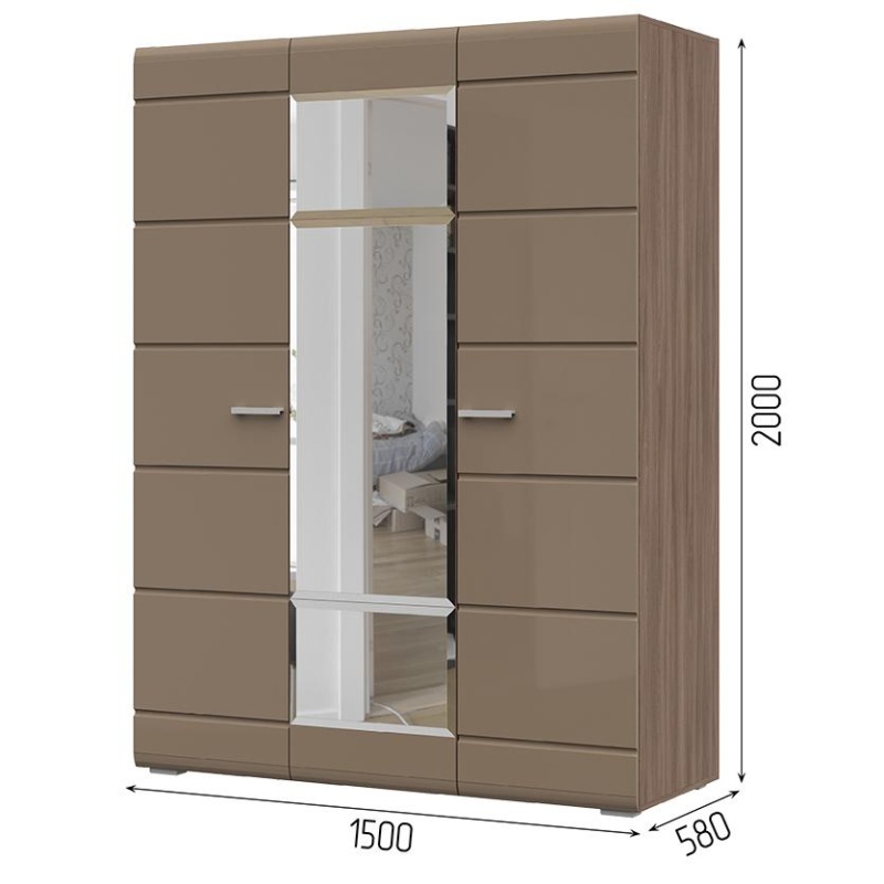 Спальня Вегас Шкаф 3-х ств. 1,5 СТЕНД (фасад МДФ КОФЕ С МОЛОКОМ/корпус ШИМО ТЕМНЫЙ СНЯТ)