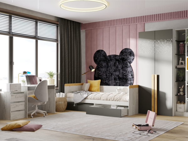 НКМ Кент-1 секция №21 шкаф 2х ств, фасад с рисунком РОСТОК (Дуб Крафт Белый / Антрацит (880*2100*456))