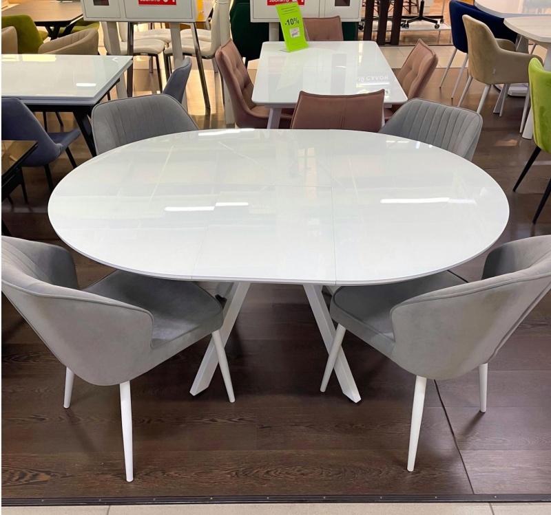 Стол Бахус Стекло 1200 Ваша Мебель (стекло белое/мдф белый/каркас МУАР черный, опоры белые (d=1200(1600)))