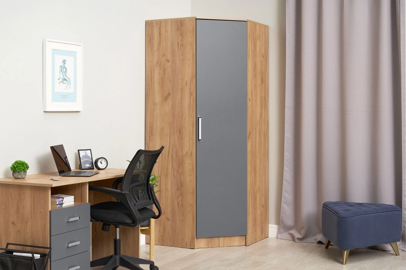 Спальный гарнитур Мартина Шкаф угловой для одежды 850 МИФ (Графит, Дуб крафт золото)