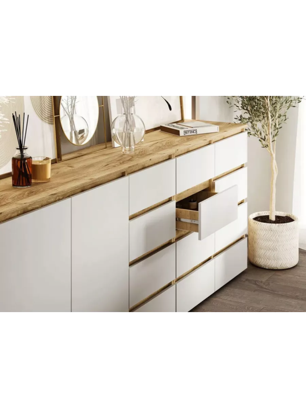 Хелен/Люмо КМ 04 Комод 8 ящиков СТЕНД/ТВД (фасад БЕЛЫЙ/корпус ДУБ КРАФТ ЗОЛОТОЙ (1002*958*460))
