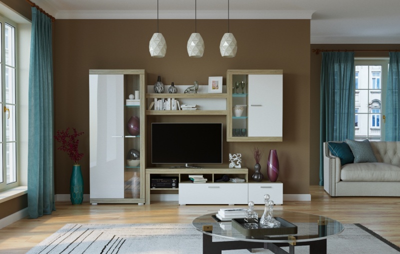 Гостиная Соната ШВС-800: Шкаф-витрина ПАМИР (Сонома-Белый глянец)