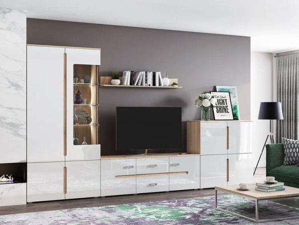 Гостиная Ким Шкаф с подсветкой МИФ (Белый глянец холодный, сонома)