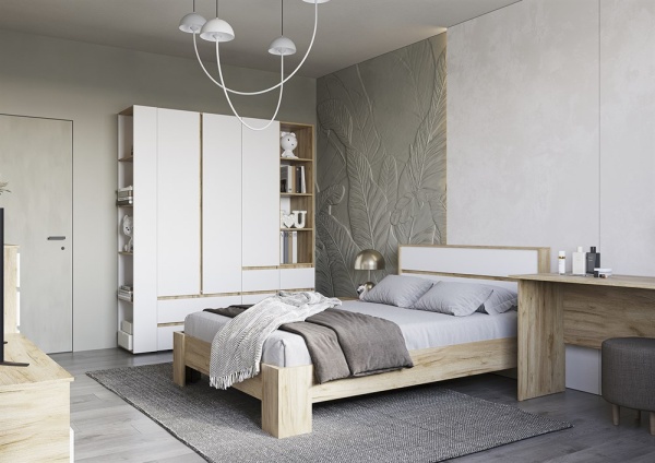 Хелен/Люмо ШК 01 Шкаф 2-х ств. СТЕНД/ТВД (фасад БЕЛЫЙ/корпус ДУБ КРАФТ ЗОЛОТО (800х2100х460))