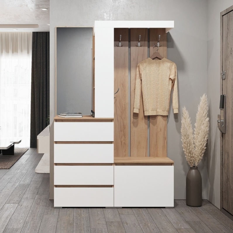 Прихожая Хелен ПР-01 СТЕНД (фасад БЕЛЫЙ/корпус ДУБ КРАФТ ЗОЛОТО)