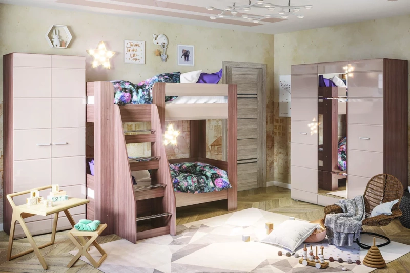 Спальня Симба Кровать 2-х ярусная СТЕНД (фасад МДФ КОФЕ С МОЛОКОМ/корпус ШИМО ТЕМНЫЙ (1,976х1,7х1,36) СНЯТ)