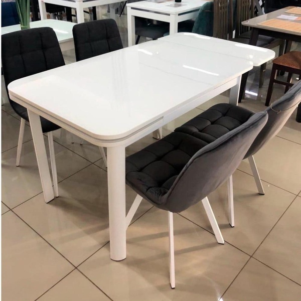 Стол Одиссей Стекло 1100 Ваша Мебель (Стекло белое, ЛДСП белый, каркас белый+Опора №7 радиус 55*55 белый (1100(1700)х740))