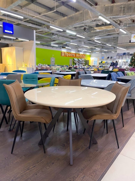 Стол Бахус Стекло 1100 Ваша Мебель (стекло бежевое/мдф беж/каркас основание МУАР беж (d=1100(1420)) СНЯТ)