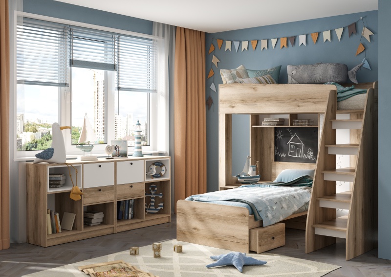 Киви КР-02 Кровать-чердак СТЕНД (Фасад МДФ СУПЕРМАТ БЕЛЫЙ/Корпус ДУБ ДЕЛАНО (1988*1754*1576))