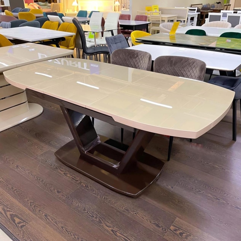 Стол Дионис Стекло 1400 Ваша Мебель (стекло бежевое, мдф коричневый, каркас коричневый, колонна декор №3 V-образный (1400/1800*850*750))