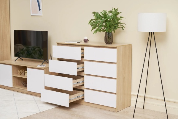 Челси Комод 8 ящиков МИФ (Белый глянец холодный, дуб сонома)